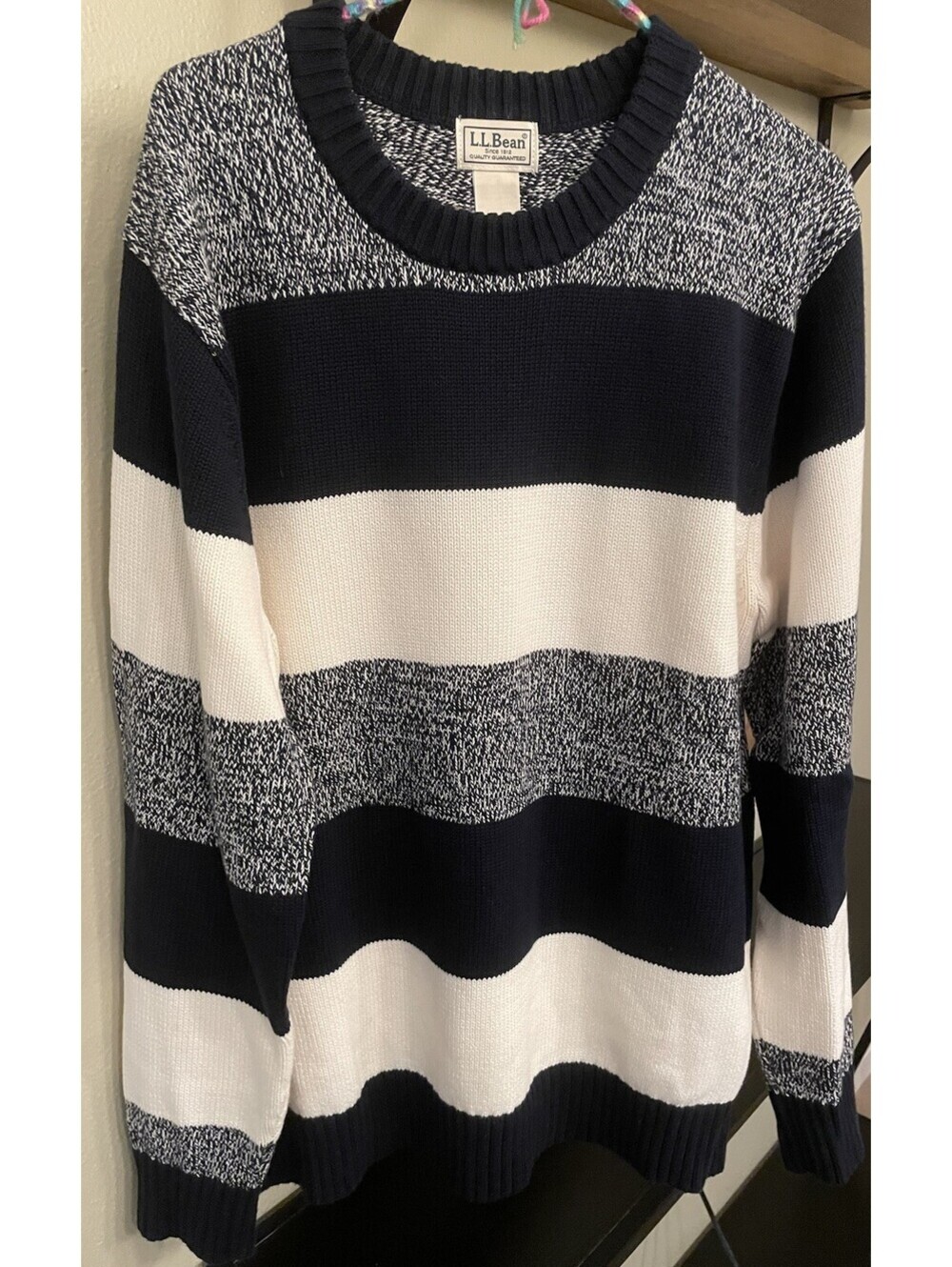 LLBean Mens Sweater Large Reg Crewneck Pullover Navy Blue White Striped 287928